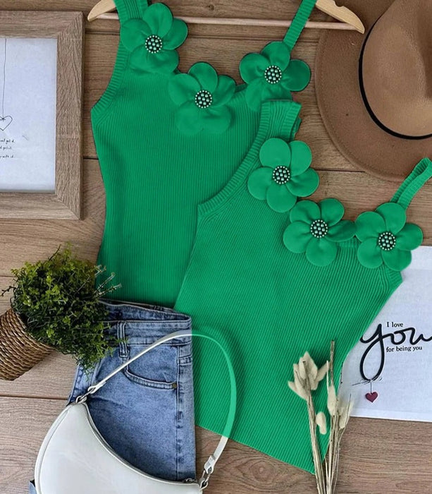 Women Chic Solid Three Dimensional Decoration Floral Beading Tank Sleeveless Camis Crop Tops