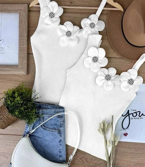 Women Chic Solid Three Dimensional Decoration Floral Beading Tank Sleeveless Camis Crop Tops