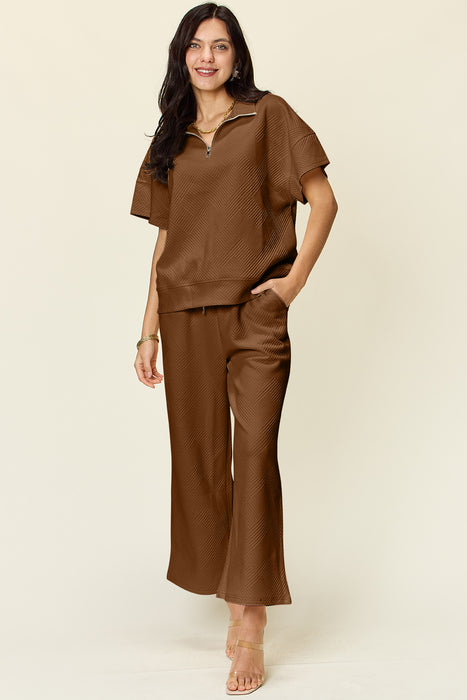 Fashion Women's Two Piece Sets Texture Half Zip Short Sleeve Top and Pants Set