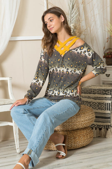 Women's Trendy Fashion Tops 2024 Leopard Long Sleeve T-Shirt with Braided Strap