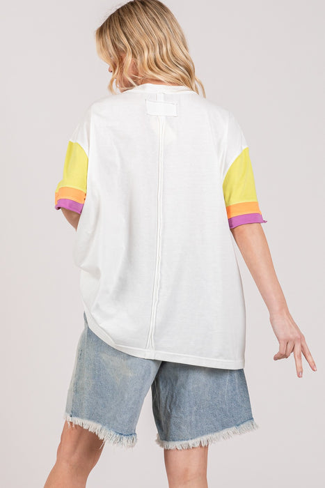 Women's Fashion Tops 2024 Color Block Peace Applique T-Shirt