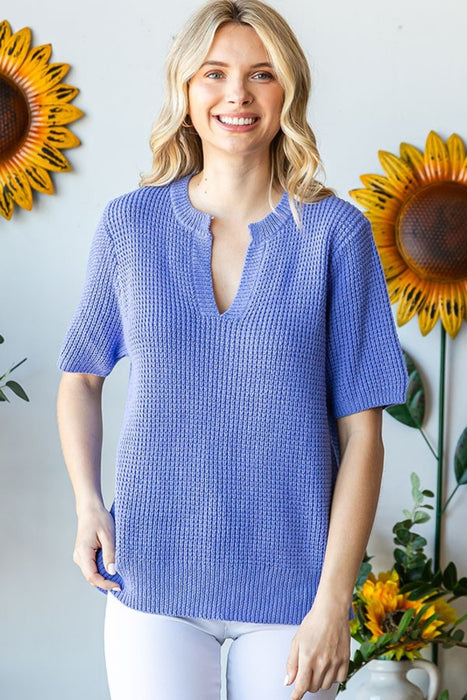 Women's Fashion Tops 2024 Notched Short Sleeve Knit Top