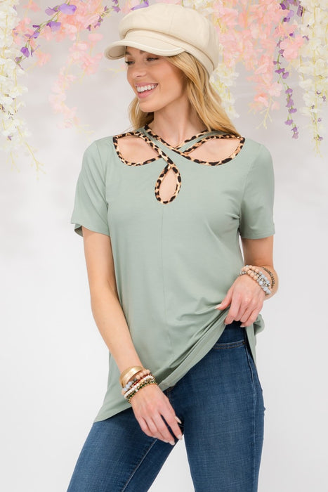 Women's Trendy Tops Crisscross Cutout Leopard Contrast Trim T-Shirt
