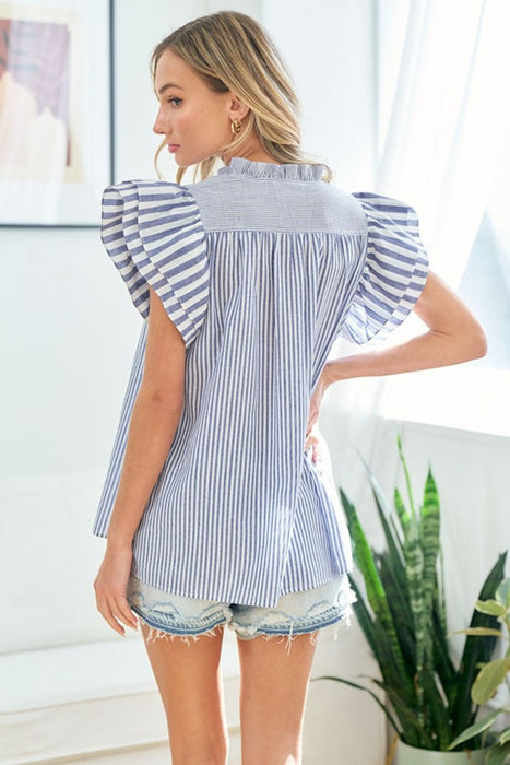 Women's Fashion Tops 2024 Striped Flutter Sleeve Blouse