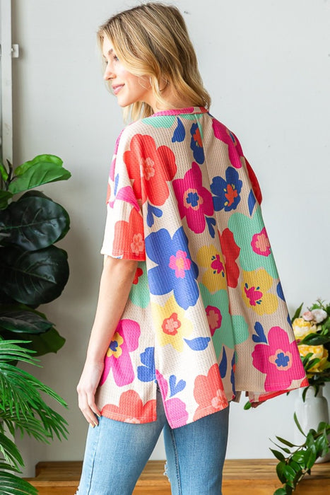 Women's Fashion Tops 2024 Floral V-Neck Side Slit T-Shirt