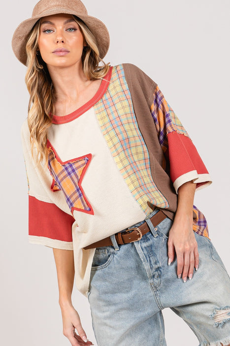 Women's Fashion Tops 2024 Round Neck Plaid Star Patch T-Shirt