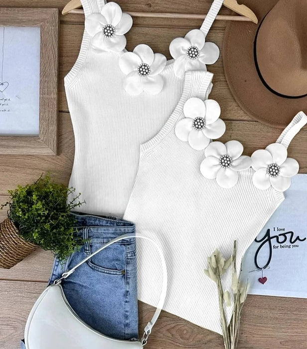 Women Chic Solid Three Dimensional Decoration Floral Beading Tank Sleeveless Camis Crop Tops