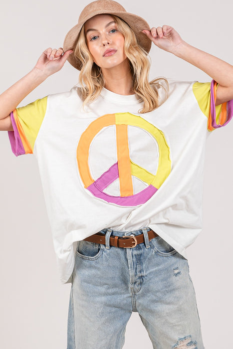 Women's Fashion Tops 2024 Color Block Peace Applique T-Shirt