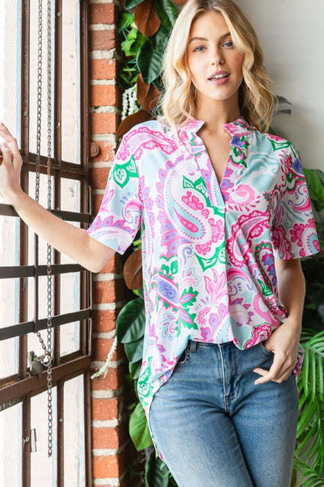 Women's Fashion Tops 2024 Paisley Print Short Sleeve Top