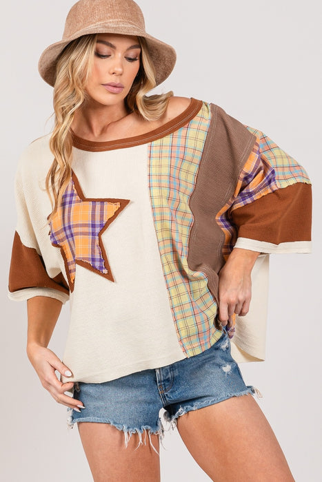Women's Fashion Tops 2024 Round Neck Plaid Star Patch T-Shirt