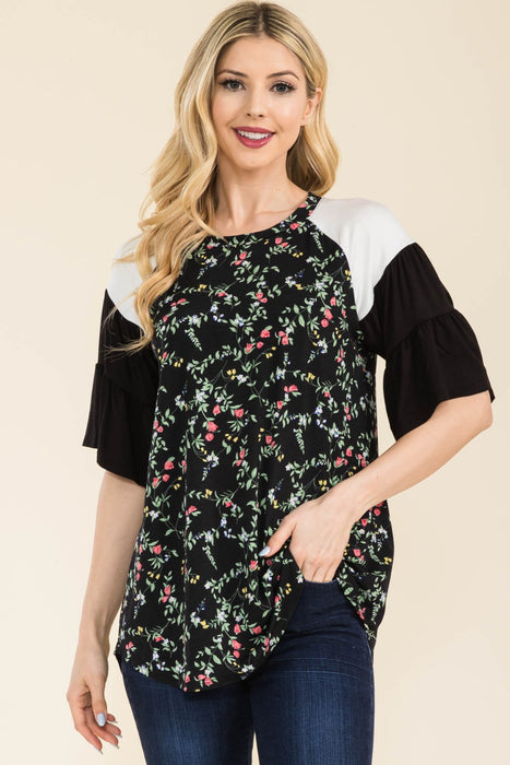 Women's Trendy Tops Floral Contrast Bell Sleeve Top
