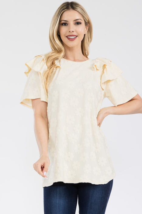 Women's Trendy Fashion Tops 2024 Ruffle Layered Short Sleeve Daisy Floral Top
