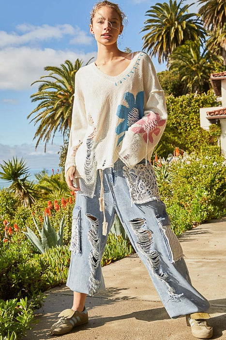 Women's Trendy Fashion Tops 2024 Distressed Flower V-Neck Dropped Shoulder Knit Top