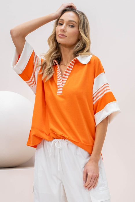 Women's Fashion Tops 2024 Contrast Stripe Polo Shirt