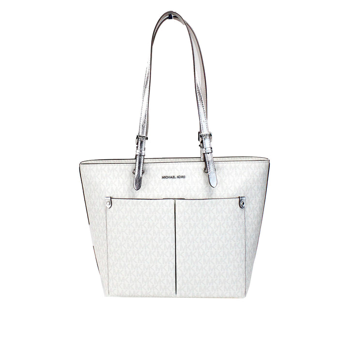 Michael Kors Jet Set Medium Optic White Signature PVC Double Pocket Tote Bag
