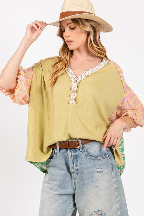Women's Fashion Tops 2024 Color Block Bubble Sleeve Top