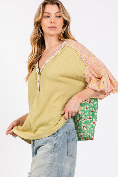Women's Fashion Tops 2024 Color Block Bubble Sleeve Top