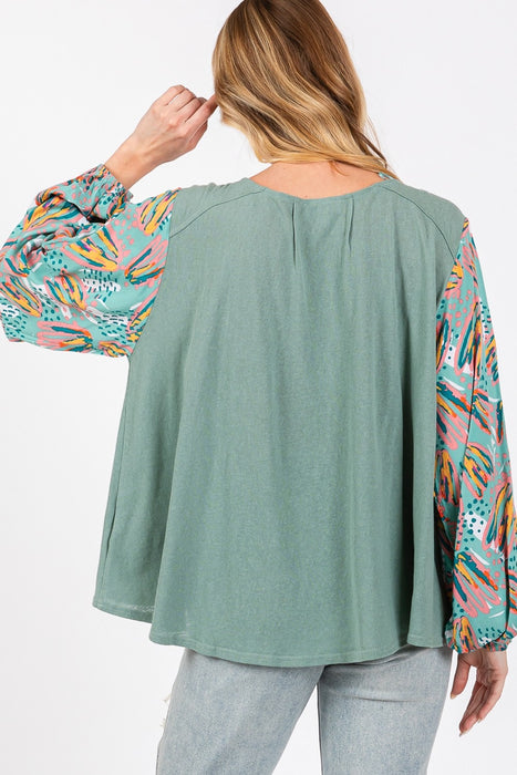 Women's Fashion Tops 2024 Ruched Round Neck Printed Bubble Sleeve Top