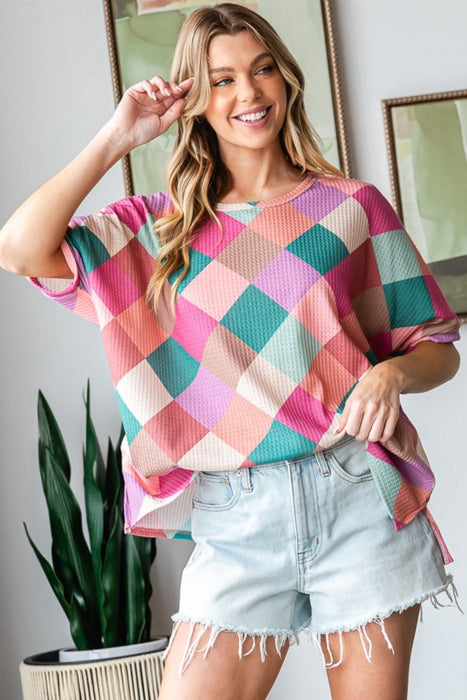 Women's Fashion Tops 2024 Multi Colored Argyle Side Slit T-Shirt