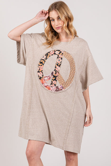 Women's Fashion Tops 2024 Peace Sign Applique Short Sleeve Tee Dress