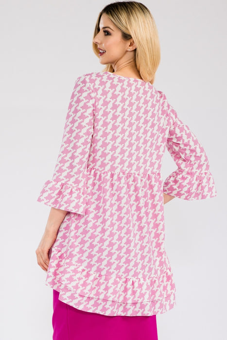 Women's Trendy Tops Houndstooth Flounce Sleeve High-Low Top