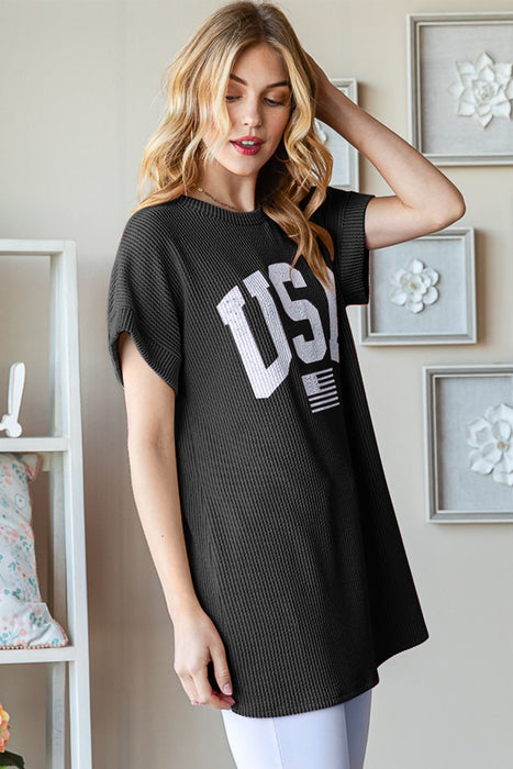 Women's Fashion Tops 2024 USA Graphic Short Sleeve Ribbed Top