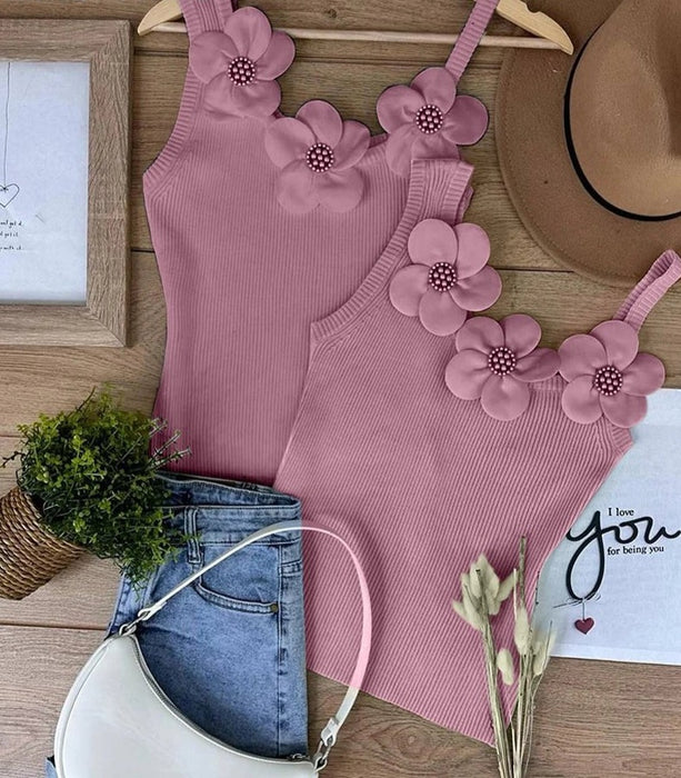 Women Chic Solid Three Dimensional Decoration Floral Beading Tank Sleeveless Camis Crop Tops