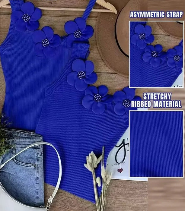 Women Chic Solid Three Dimensional Decoration Floral Beading Tank Sleeveless Camis Crop Tops