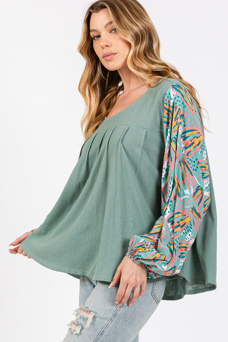Women's Fashion Tops 2024 Ruched Round Neck Printed Bubble Sleeve Top