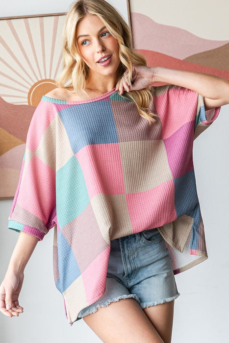 Women's Fashion Tops 2024 Checkered Round Neck Side Slit T-Shirt