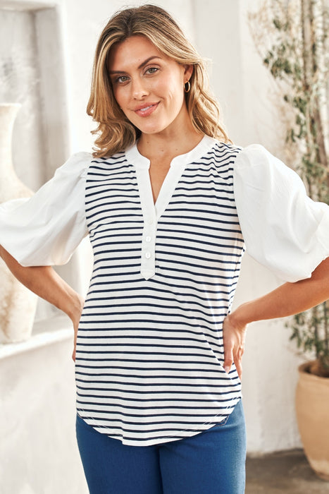 Women's Fashion Tops 2024 Striped Contrast Puff Sleeve Top