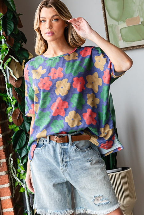 Women's Fashion Tops 2024 Floral Round Neck Side Slit T-Shirt
