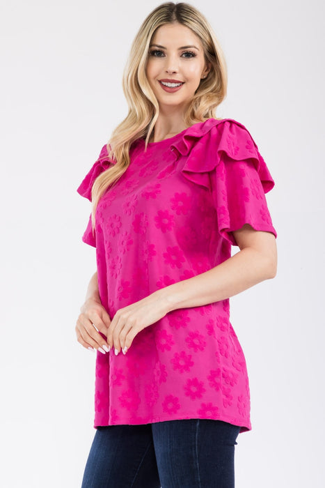 Women's Trendy Fashion Tops 2024 Ruffle Layered Short Sleeve Daisy Floral Top