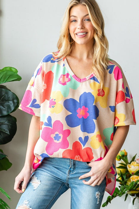 Women's Fashion Tops 2024 Floral V-Neck Side Slit T-Shirt
