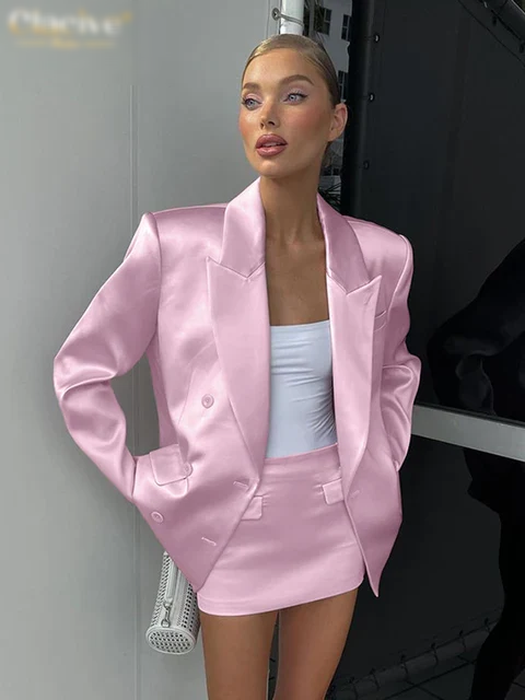 Fashion Loose Pink Satin 2 Piece Sets Women Outfit Elegant Long Sleeve Blazer With Mid Waist Mini Skirts Set
Office Work Female