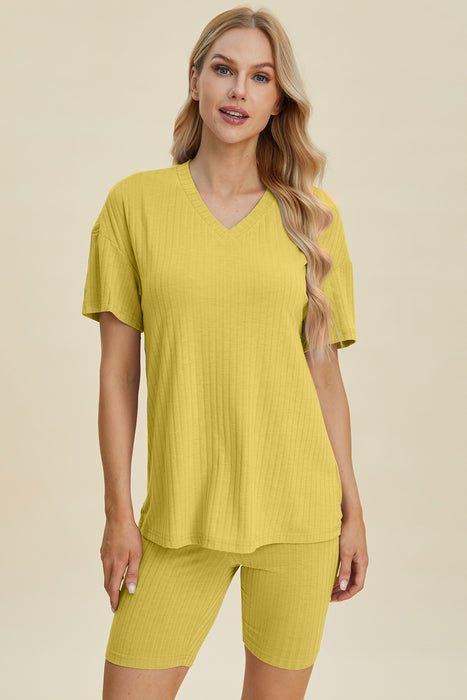 Basic Bae Ribbed V-Neck Short Sleeve Top and Shorts Set