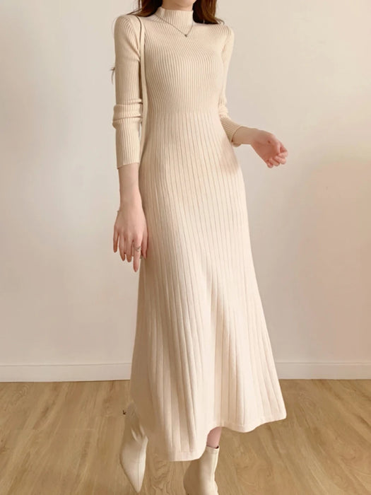Fall Winter Slim Long Sleeve Party Midi Dress for Women Knitted Half High Collar Elegant Knitted Sweater Dresses