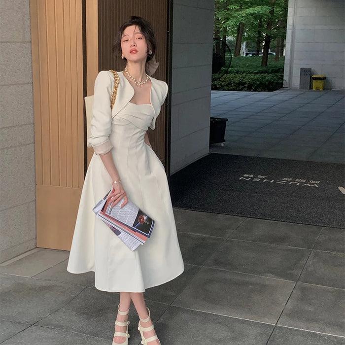 Two Piece Fall Solid Color Dress Woman Ladies Elegant Dress Women White Party Wedding