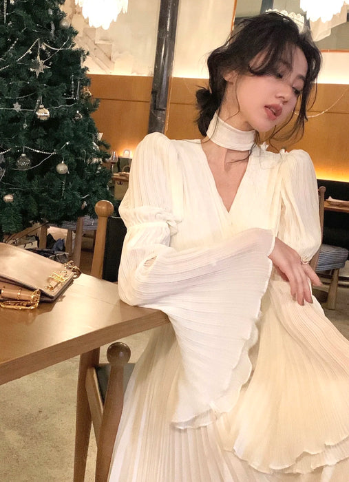 Womens French Elegant Ruffle Irregular Long Dress Pleated Party Evening
