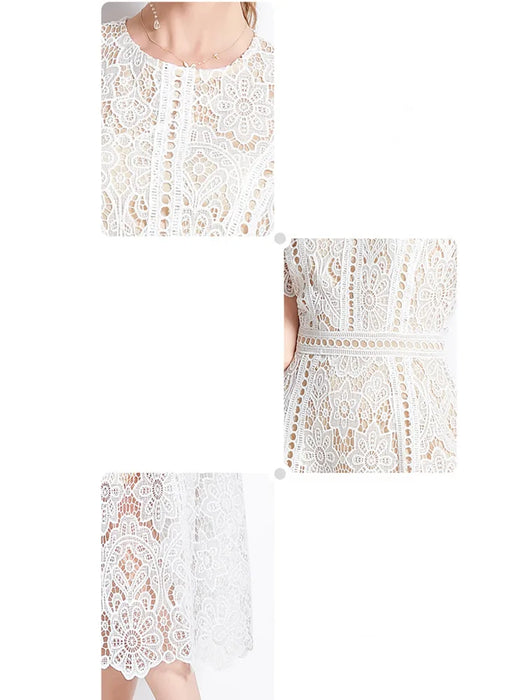 Designer Fashion Lace Hollow Out Long Dress Women Short Sleeve Elegant Mid-Length