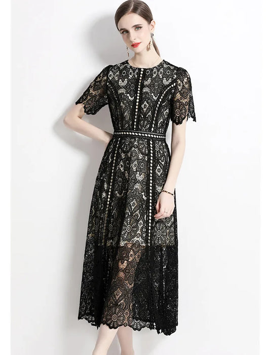 Designer Fashion Lace Hollow Out Long Dress Women Short Sleeve Elegant Mid-Length
