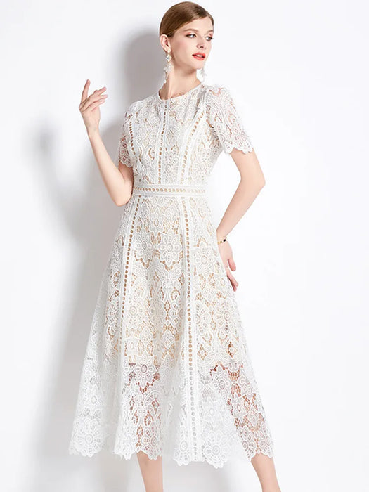 Designer Fashion Lace Hollow Out Long Dress Women Short Sleeve Elegant Mid-Length