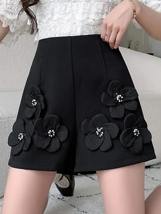 High Waist Beaded Flower Suit Shorts For Women Loose Versatile Wide Leg Pants