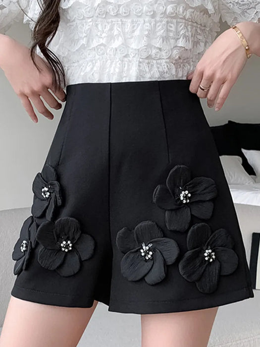 High Waist Beaded Flower Suit Shorts For Women Loose Versatile Wide Leg Pants