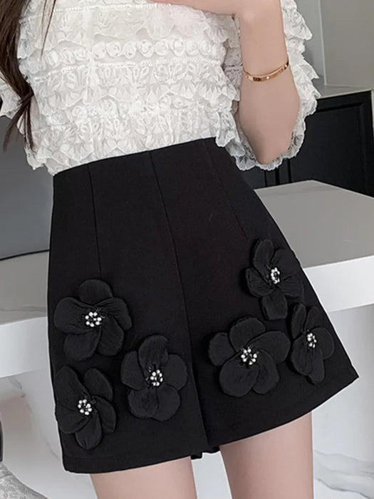 High Waist Beaded Flower Suit Shorts For Women Loose Versatile Wide Leg Pants