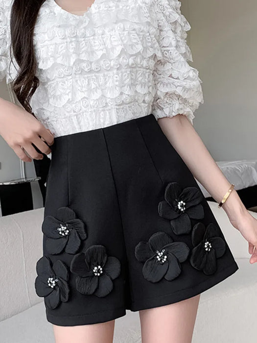 High Waist Beaded Flower Suit Shorts For Women Loose Versatile Wide Leg Pants