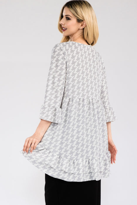 Women's Trendy Tops Houndstooth Flounce Sleeve High-Low Top