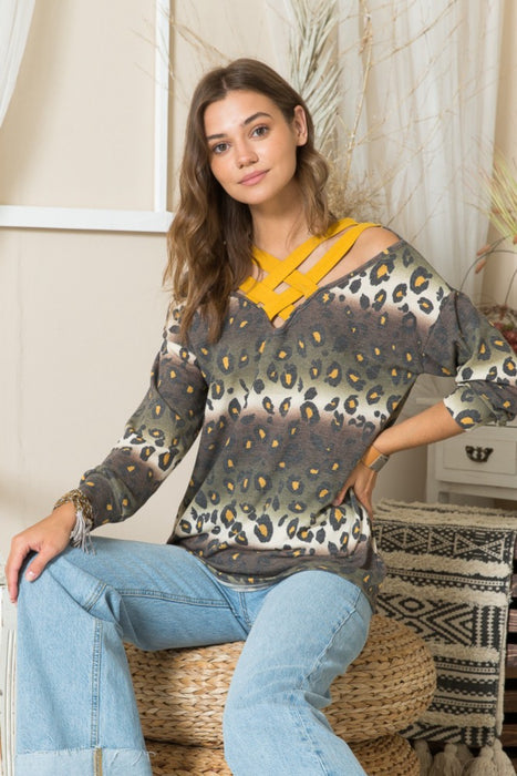 Women's Trendy Fashion Tops 2024 Leopard Long Sleeve T-Shirt with Braided Strap