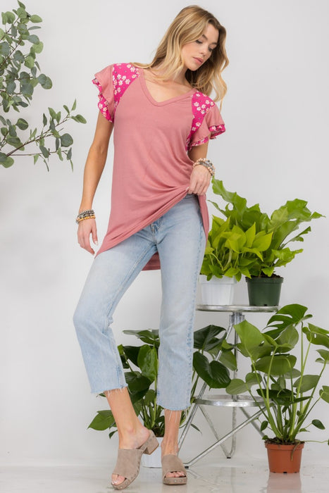 Women's Trendy Tops Floral Contrast Short Sleeve Top