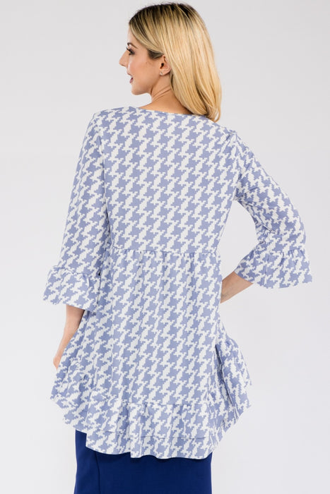 Women's Trendy Tops Houndstooth Flounce Sleeve High-Low Top
